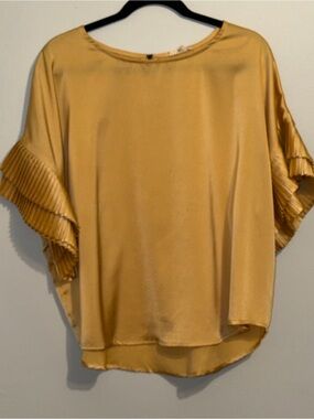 easel Satin Pleated Flutter Sleeve Blouse in Mustard